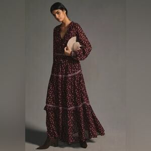 Anthro Temperly London Tiered Maxi Dress Long Sleeves Star Print Black Maroon 4